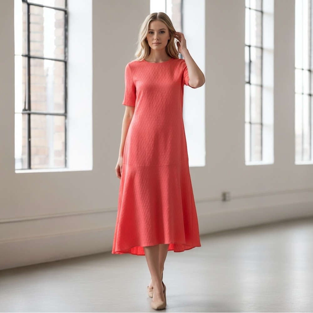 & Other Stories Coral Jacquard Midi‎ Dress US 2 Asymmetrical Hem Wedding Guest